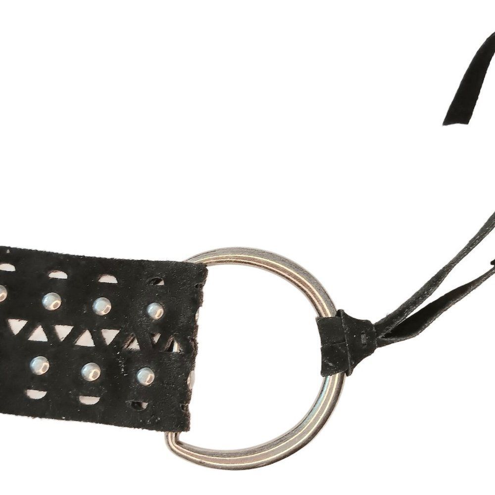 SOLD - Black Leather Belt Cutouts Silver Studs Large Silver Rings Tassles Italy - Picture 6 of 10